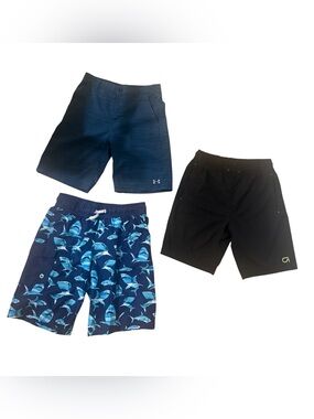 Bundle of 3 Boys Husky Swim Shorts Trunks— Navy, Black & Shark Print